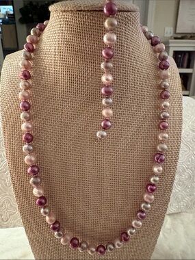 Multicolor Freshwater Pearl Necklace Purple Mauve Pink Gray Boho Thailand’s.